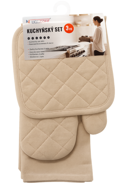 Кухненски комплект от 3 части- ръкавица, ръкохватка и кърпа - БЕЖ