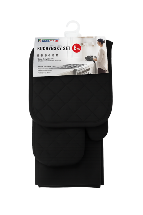 Кухненски комплект от 3 части- ръкавица, ръкохватка и кърпа - ЧЕРЕН