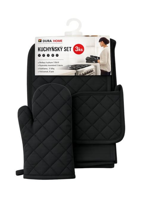 Кухненски комплект от 3 части- ръкавица, ръкохватка и кърпа - ЧЕРЕН