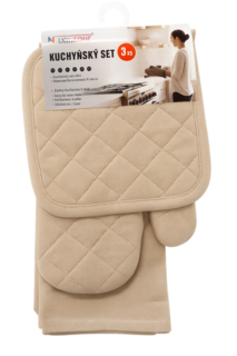 Кухненски комплект от 3 части- ръкавица, ръкохватка и кърпа - БЕЖ